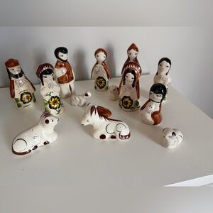 Handcrafted Ceramic Nativity Set with Brown and Cream Accents